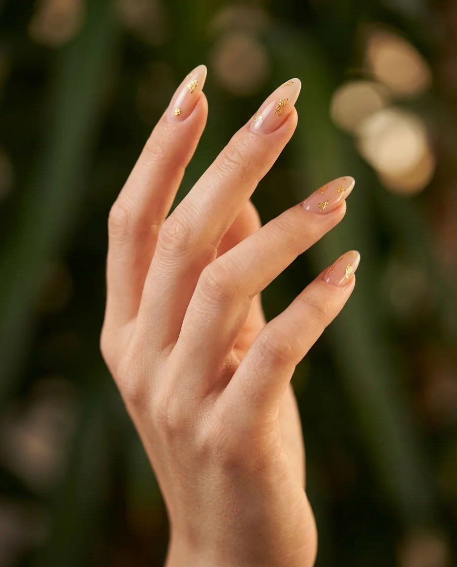 Emerald green almond nails with hand-painted gold botanical accents
